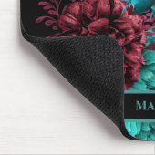 Tapis De Souris Élégant Turquoise Bourgogne Fleurs rouges Monogram (Coin)