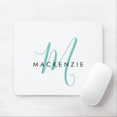Tapis De Souris Élégant Turquoise de script blanc moderne Monogram (Avec souris)