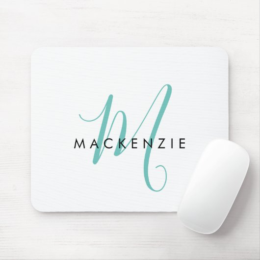 Tapis De Souris Élégant Turquoise de script blanc moderne Monogram (Avec souris)