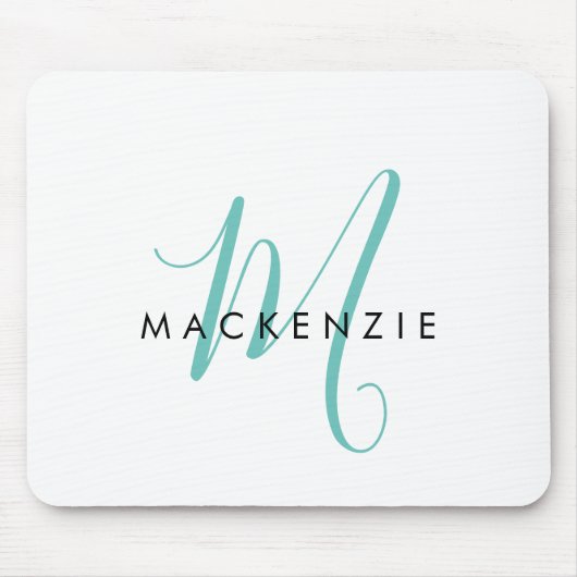 Tapis De Souris Élégant Turquoise de script blanc moderne Monogram (Devant)