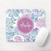 Tapis De Souris Élégant violet et bleu Succulent Floral avec nom (Avec souris)