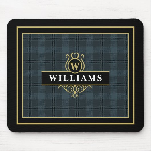 Tapis De Souris Élégant Vitre Noir Or Plaid Monogramme (Devant)
