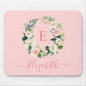Tapis De Souris Elégante aquarelle rose blanc monogramme floral (Devant)
