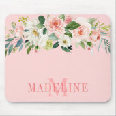 Tapis De Souris Elégante aquarelle rose blanc monogramme floral (Devant)