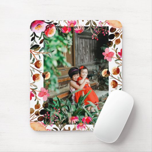 Tapis De Souris Elégante aquarelle rose florale verdure Photo (Avec souris)