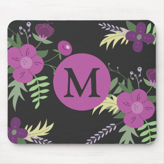 Tapis De Souris Élégante Fleurs violettes Art sur Monogramme noir (Devant)