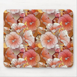 Tapis De Souris Elégante Pêche Tropicale Et Fleur D'Hibiscus Blanc