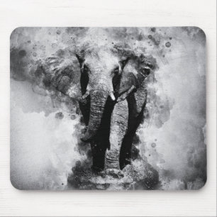 Tapis De Souris Éléphant d'Afrique Aquarelle noir et blanc