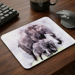 Tapis De Souris Éléphant d'Afrique femelle avec son éléphanteau Aq