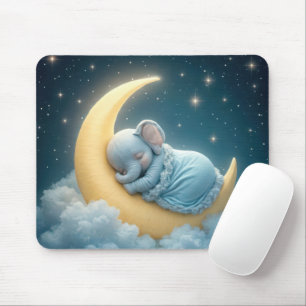 Tapis De Souris Éléphant de bébé bleu sur croissant de lune