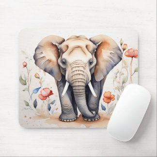 Tapis De Souris Eléphant et fleurs de charme aquarelle peinture