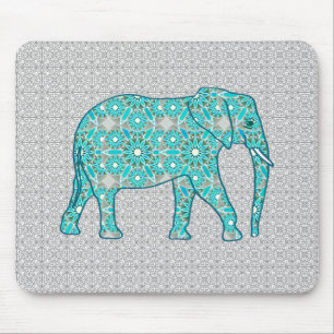 Tapis De Souris Eléphant fleur Mandala - turquoise, gris & blanc