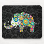 Tapis De Souris Eléphant floral rétro coloré<br><div class="desc">Des fleurs colorées disposées en forme d'éléphant avec des clous de diamant sur les yeux et peu d'autres endroits. Pas de vrais diamants juste une image. Motif de damas florales noires</div>