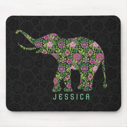 Tapis De Souris Eléphant Floral Retro Coloré Monogramme (Devant)