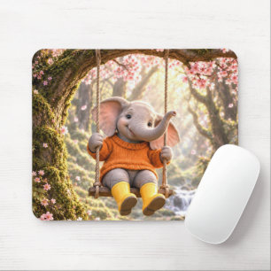 Tapis De Souris Éléphant heureux sur une balançoire d'arbre à ceri