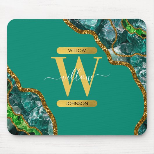 Tapis De Souris Emerald Green & Gold Agate Geode Glitter Monogram (Devant)