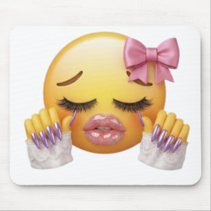 Tapis De Souris Émoji qui pleure avec un nœud rose et des ongles i