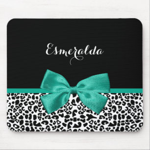 Tapis De Souris Empreinte de léopard Emerald Green Ribbon Bow Nom