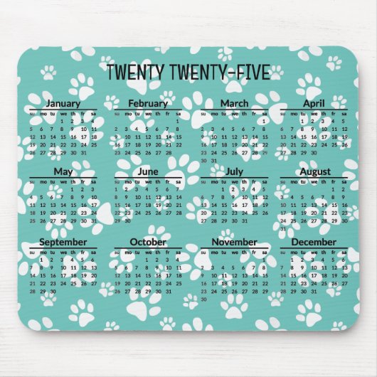 Tapis De Souris Empreintes de pattes blancs 2025 Calendrier Mousep (Devant)