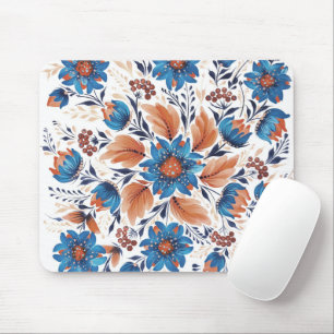 Tapis de souris en art folklorique floral bleu et