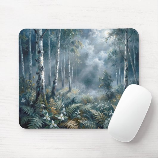 Tapis De Souris Enchanted Spring Birch Forest in Moonlight (Avec souris)