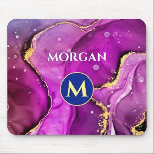 Tapis De Souris Encre Liquide Rouge-Violet & Or, Monogramme & Nom