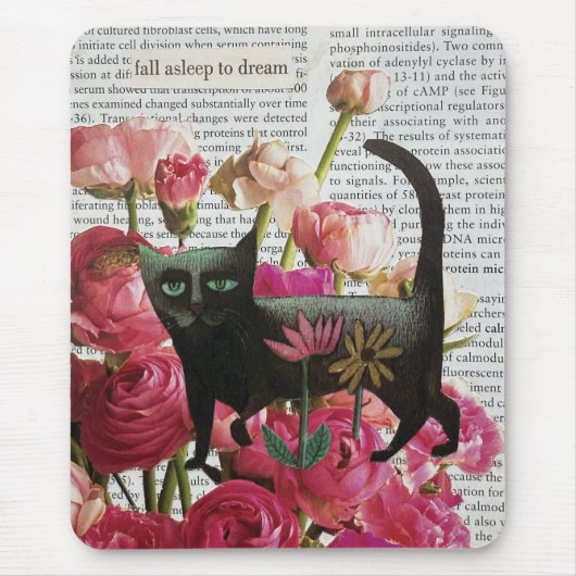 Tapis De Souris Endormez-vous pour rêver Chat noir Fleurs roses ch (Devant)