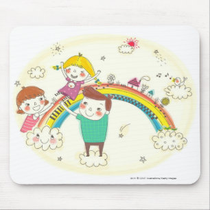 Tapis De Souris Enfants jouant sur l'arc-en-ciel