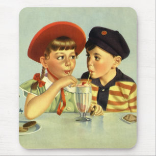 Tapis De Souris Enfants vintage, garçon et fille partageant un sha