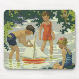 Tapis De Souris Enfants vintage jouant avec des voiliers jouets su