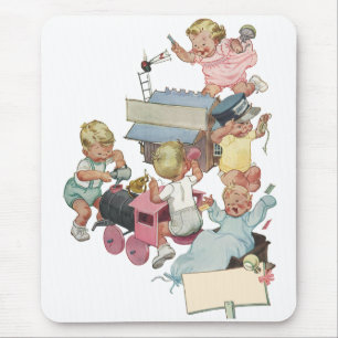 Tapis De Souris Enfants vintage s'amusant à jouer avec des trains