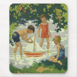 Tapis De Souris Enfants vintages Jouer Jouet Bateaux à voile Étang