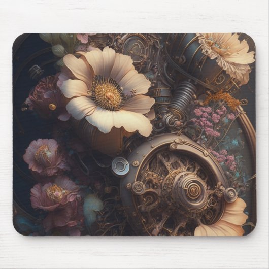 Tapis De Souris Engrenages Steampunk et fleurs blanches (Devant)