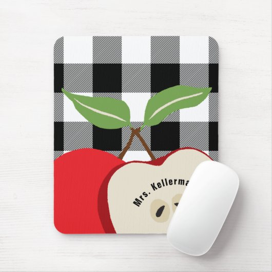 Tapis De Souris Enseignant Pomme Blanc Buffalo Plaid Nom Monogramm (Avec souris)