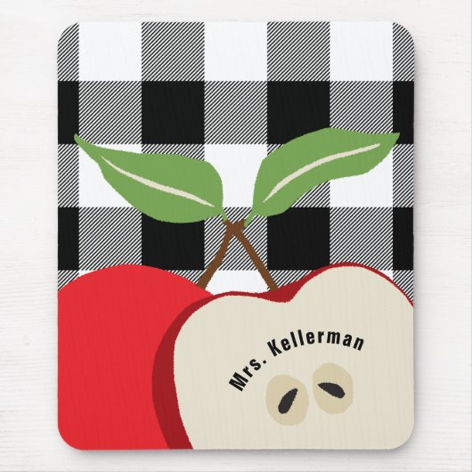 Tapis De Souris Enseignant Pomme Blanc Buffalo Plaid Nom Monogramm (Devant)