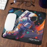 Tapis De Souris Espace astronaute moderne coloré Nom personnalisé<br><div class="desc">Colorful Modern Astronaut Space Nom personnalisé Mouse Pad Mousepad dispose d'un astronaute flottant dans l'espace avec des planètes et des nageoires colorées et personnalisées avec votre nom dans la typographie script moderne. Parfait comme cadeau pour les amoureux de l'espace, famille et amis pour anniversaire, Noël, vacances, Fête des pères, frère,...</div>