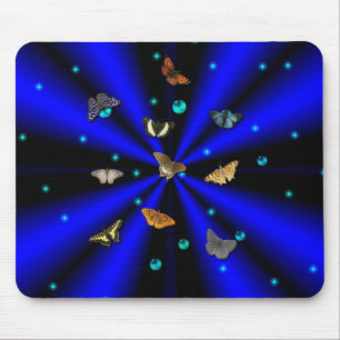 Tapis De Souris Étoiles, perles et papillon sur noir et bleu