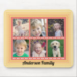 Tapis De Souris Famille 6 Photo Collage Corail et Souris Jaune<br><div class="desc">Ce montage photo est un cadeau parfait pour tout membre de la famille. Les 6 cadres photo vous permettent d'ajouter toutes vos photos de famille préférées. Personnalisez ce tapis de souris jaune et corail avec votre nom de famille.</div>