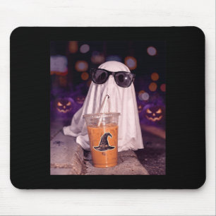 Tapis De Souris Fantôme de boo cool buvant du café glacé Halloween