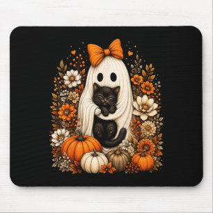 Tapis De Souris Fantôme d'Halloween tenant un chat noir Citrouille