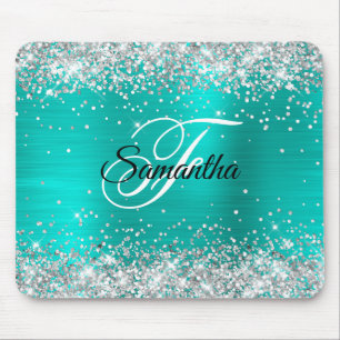 Tapis De Souris Faux brillant argenté paillettes turquoise feuille