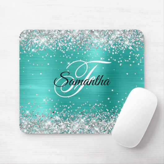 Tapis De Souris Faux Shiny Silver Parties scintillant Turquoise Fo (Avec souris)