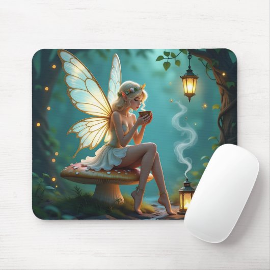 Tapis De Souris Fée dans la forêt enchantée Boire Café (Avec souris)