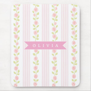 Tapis De Souris Féminine rose personnalisée coquette florale rayée