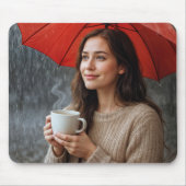 Tapis De Souris Femme avec une coupe de café chaud sous un paraplu (Devant)
