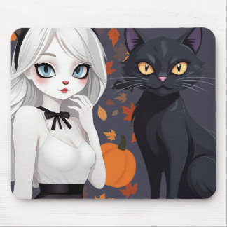 Tapis De Souris Femme d'Anime avec chat noir.