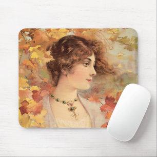 Tapis De Souris Femme d'automne Art Nouveau Imprimé de feuillage d