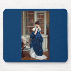 Tapis De Souris Femme en bleu, lisant un livre