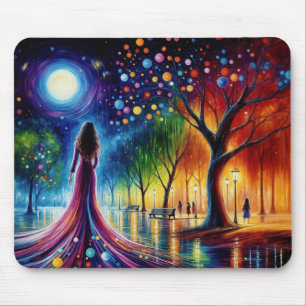 Tapis De Souris Femme en robe flottante marchant dans la forêt col