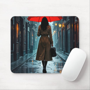 Tapis De Souris Femme sous un parapluie rouge avec une mallette